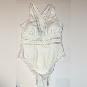 Tempt Me White One Piece Bathing Suit Mesh Crisscross Back Resort L NWT